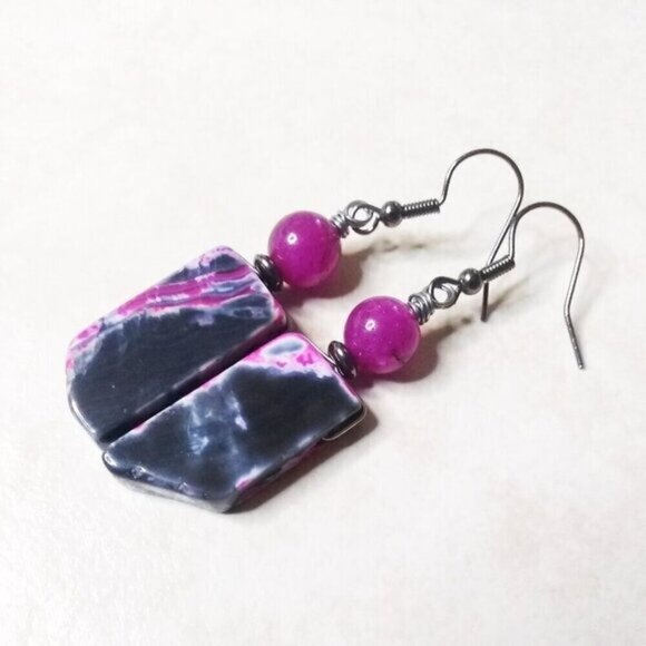 Black Gray & Rose Pink Agate + Sugilite Earrings ~ Unique + One-of-a-kind! - Picture 2 of 6